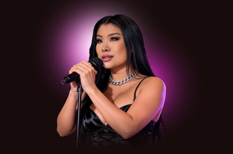 Comedian Jiaoying Summers wearing a black satin corset top and chain necklace, holding a microphone on stage under purple lighting.